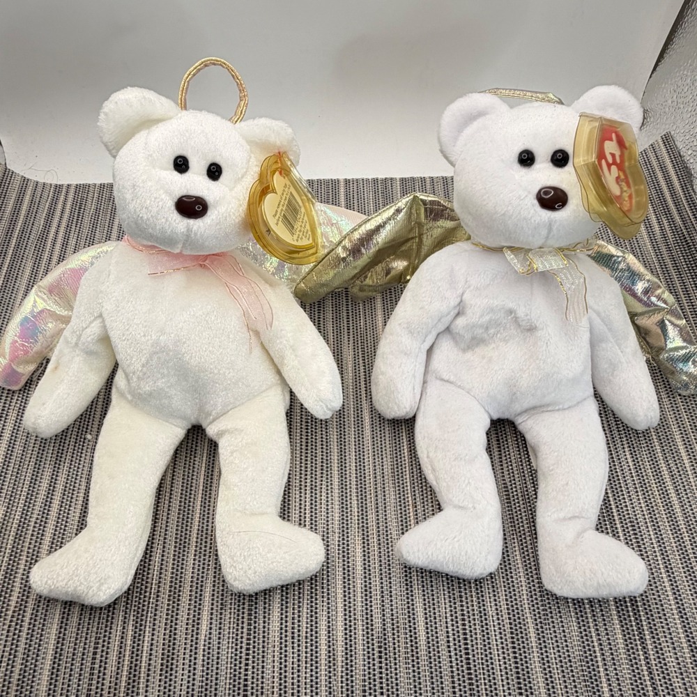 Ty Beanie Babies Halo and Halo II Angel Bear Set White Plush Iridescent Wings